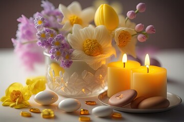 Obraz na płótnie Canvas Spa decoration with flowers and beads in a glass vase and burning candles. Warm yellow colors. Interior decoration for relaxation and rejuvenation treatments. Generative AI.