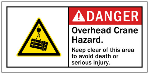 Overhead crane hazard sign and labels keep clear of this area to avoid death or serious injury