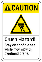 Overhead crane hazard sign and labels crush hazard. stay clear of die set while moving with overhead crane