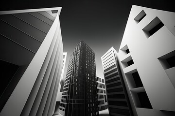 Modern buildings from a low vantage point. Generative AI