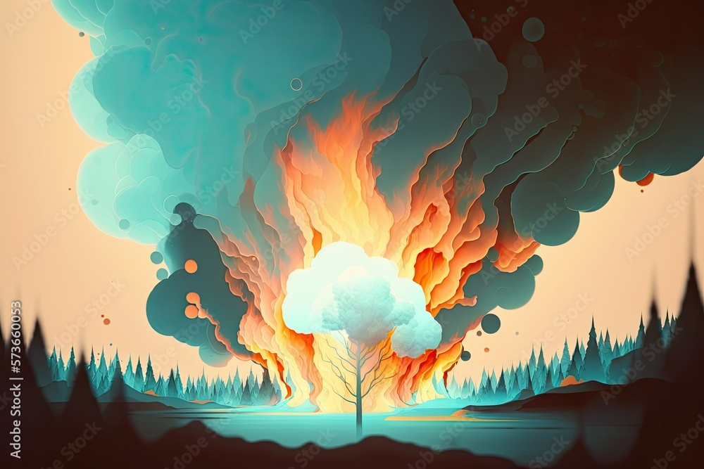 Poster a blaze in the woods. many smoke particles are produced when a tree falls in a wildfire and is subse