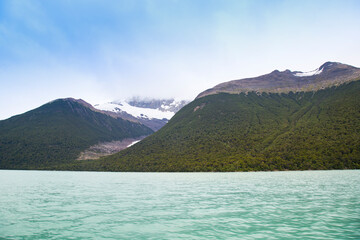 Landscape of mountains and glacier on Lago Argentino in Patagonia