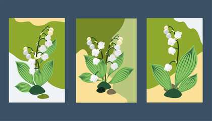 a set of three patterns with lilies of the valley. Vector illustration for wall decor, card design, poster design, cover design