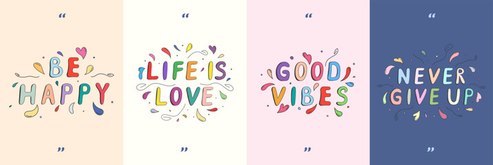 Vector illustration. Minimalist quote poster set. Isolated text in brackets. Color hand drawn backgrounds. Design elements for poster, book cover, magazine, flyer, brochure. Motivational phrases