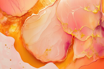 Abstract orange liquid watercolor background with golden lines. Pastel marble alcohol ink drawing .Generative AI
