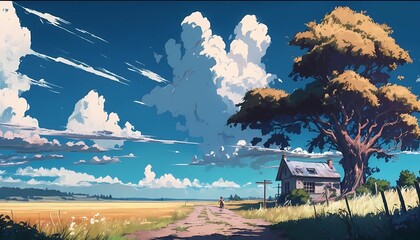 Obraz na płótnie Canvas Magical Anime Landscape: Digital Art Illustration with Natural Scenery and Dreamy Skies Generative AI