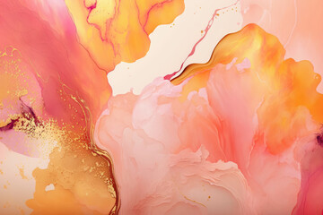 Abstract orange liquid watercolor background with golden lines. Pastel marble alcohol ink drawing .Generative AI