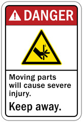 Pinch point hazard sign and labels Moving parts will cause severe injury. Keep away