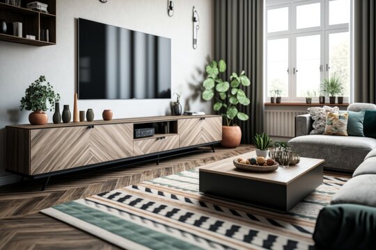 A living room with a TV cabinet can be made stylish with the right elements, such as a wide-angle perspective, carpet decor, and other home decor pieces.