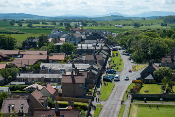 Aerial views of Bamburgh village in Northumberland, UK, as seen from castle walls
