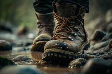 Boots Adventure through Pudlles and Mud: Trekking on a Rainy Day in the Forest - AI Generative