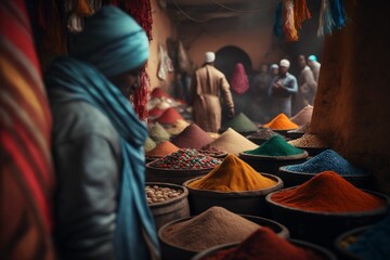 The Flavors and Aromas of a Bustling Moroccan Market in Marrakech, Africa souk atmosphere with herbs, spices, exotic fruits Ai Generative - obrazy, fototapety, plakaty