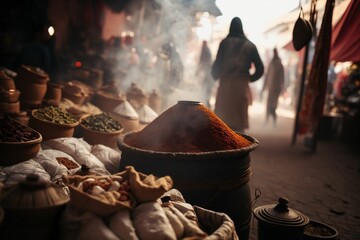 The Flavors and Aromas of a Bustling Moroccan Market in Marrakech, Africa souk atmosphere with herbs, spices, exotic fruits Ai Generative