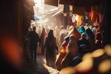 The Flavors and Aromas of a Bustling Moroccan Market in Marrakech, Africa souk atmosphere with herbs, spices, exotic fruits Ai Generative - obrazy, fototapety, plakaty
