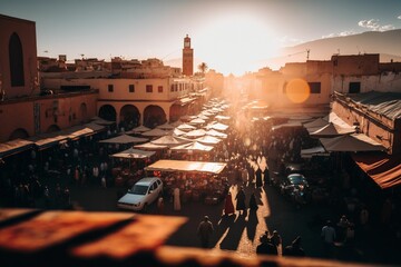The Flavors and Aromas of a Bustling Moroccan Market in Marrakech, Africa souk atmosphere with herbs, spices, exotic fruits Ai Generative