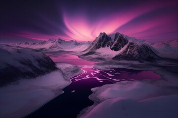 Pink Northern Lights over snowy mountains. Beautiful winter landscape with a valley and a lake. Night magical background. Generative AI
