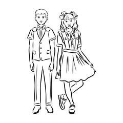 Schoolchildren go to school hand in hand. Sketch.