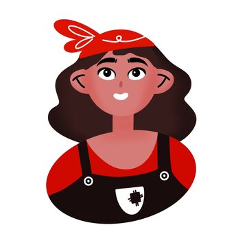 Woman in red wear with red hat. Happy cartoon woman.