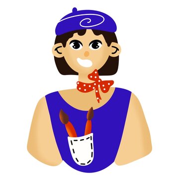 Woman in blue beret. Young smiling artist in cartoon style.