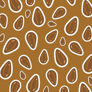 Pattern illustration with almonds on brown background.