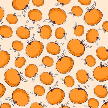Pattern illustration with juicy oranges on beige background.