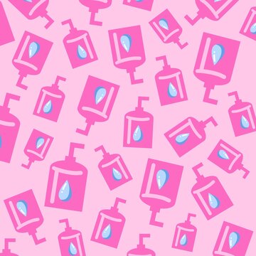 Pattern illustration with pink sanitizers on colored background.