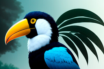 Toucan sitting on the branch in the forest, digital painting art. Ramphastos sulfuratus, bird with big bill. Generative AI