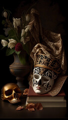 Ai generated. World theater day. Dark still life with theatrical elements: A vase of flowers, a skull and a mask to cover the face.