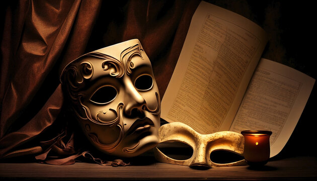 Ai generated. World theater day. Dark still life with theatrical elements: A mask in front of a large book with a lit candle.