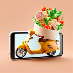 render online food order delivery on mobile illustration with scooter. created using Generative All Technology