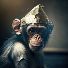 Paranoid monkey in tinfoil cap for protection from aliens. Generative AI - obrazy, fototapety, plakaty