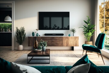 Transform your living room into a stylish space by incorporating a TV cabinet, wide angle, and carpet decor, adding a touch of elegance to your home decor.
