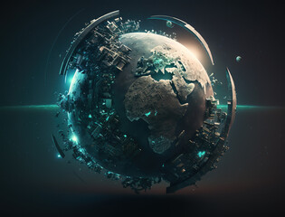 Future planet Earth, concept of futuristic technical progress, Generative Ai