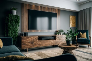 A living room with a TV cabinet can be made stylish with the right elements, such as a wide-angle perspective, carpet decor, and other home decor pieces.