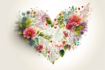 Heart made of leaves and flowers. Spring bloom and style. Love. Generative art.