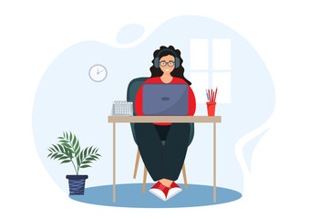 Woman, student working with laptop, home office, freelance work concept,customer service, call center and support, flat vector illustration