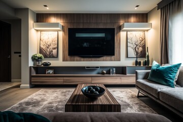 A living room with a TV cabinet can be made stylish with the right elements, such as a wide-angle perspective, carpet decor, and other home decor pieces.