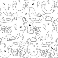 Seamless pattern with black line drawings of cats.This black and white seamless cat pattern is perfect for creative projects like fabrics. The minimalistic yet playful design makes it versatile