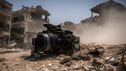 The camera lies amidst the rubble of the city, exemplifying the destruction of a war zone.  The concept of war.
