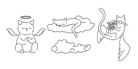 Seamless pattern with black line drawings of cats set against a white background. The repeating design is ideal projects such fabrics, wallpaper, wrapping paper