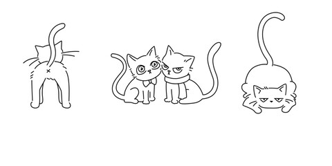 Seamless pattern with black line drawings of cats set against a white background. The repeating design is ideal projects such fabrics, wallpaper, wrapping paper