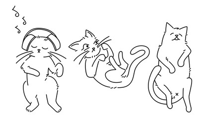 Seamless pattern with black line drawings of cats set against a white background. The repeating design is ideal projects such fabrics, wallpaper, wrapping paper