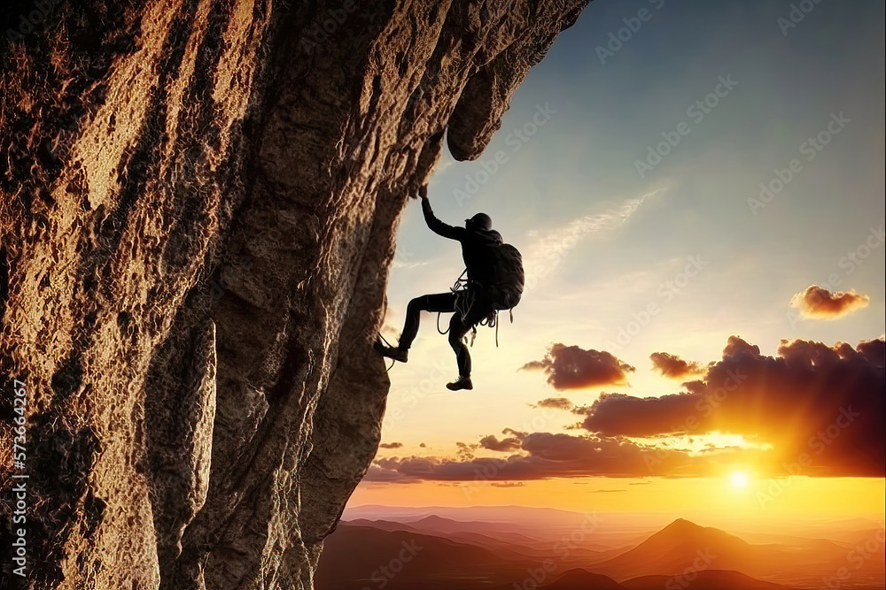 Wall mural silhouette of a climber person on a rock cliff with sunset background, generative ai