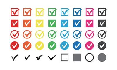 Set of check mark icons. Checkbox buttons. Vector illustration.