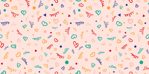Vector abstract funky seamless pattern with confetti, dots, small hand drawn hearts. Stylish minimalist sketch background. Childish funny texture. Repeat colorful design for decor, wallpaper, print