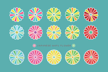 Icon set of colorful flowers in various colors and patterns. Vector illustration isolated on a green background.