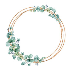 Round golden frame made of eucalyptus branches. Watercolor border for the design of greeting cards, invitations, congratulations, posters, announcements. Wedding,  birthday, anniversary design. © Alyona Pugachova