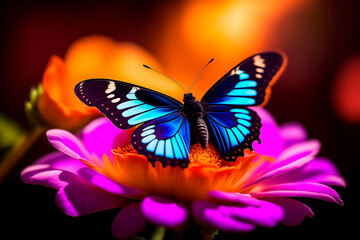 Blue and black butterfly on a flower. Generative AI.