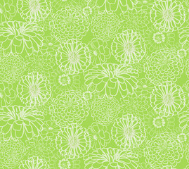 Zinnia White Lace Floral Silhouettes on Lime Green Print, Repeating Pattern