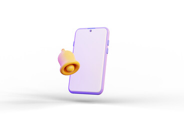 smart phone with notification bell sign on white background 3d render concept